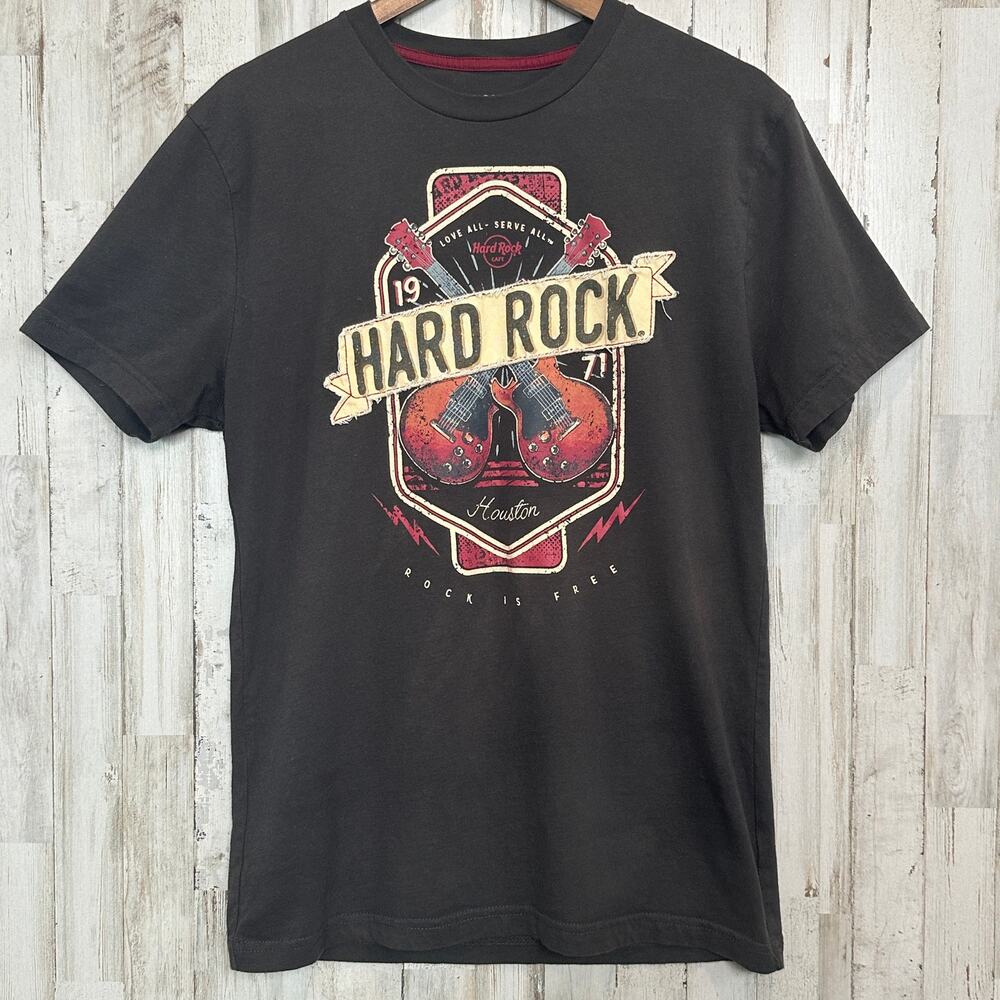 Hard Rock Cafe Shirt Medium Dark Brown Houston TX Pure Cotton Retro Rockabilly